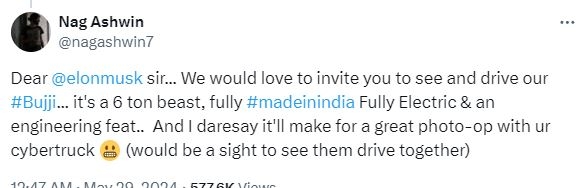 Nag Ashwin Invites Elon Musk To Drive Bujji