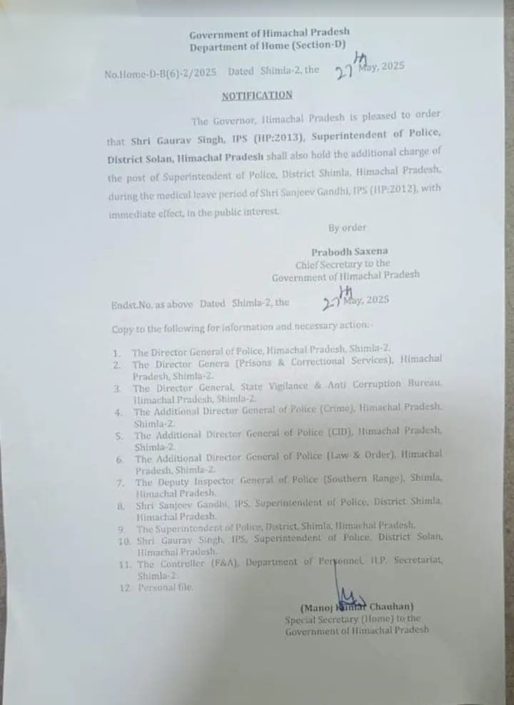 एसपी शिमला को छुट्टी पर भेजा गया