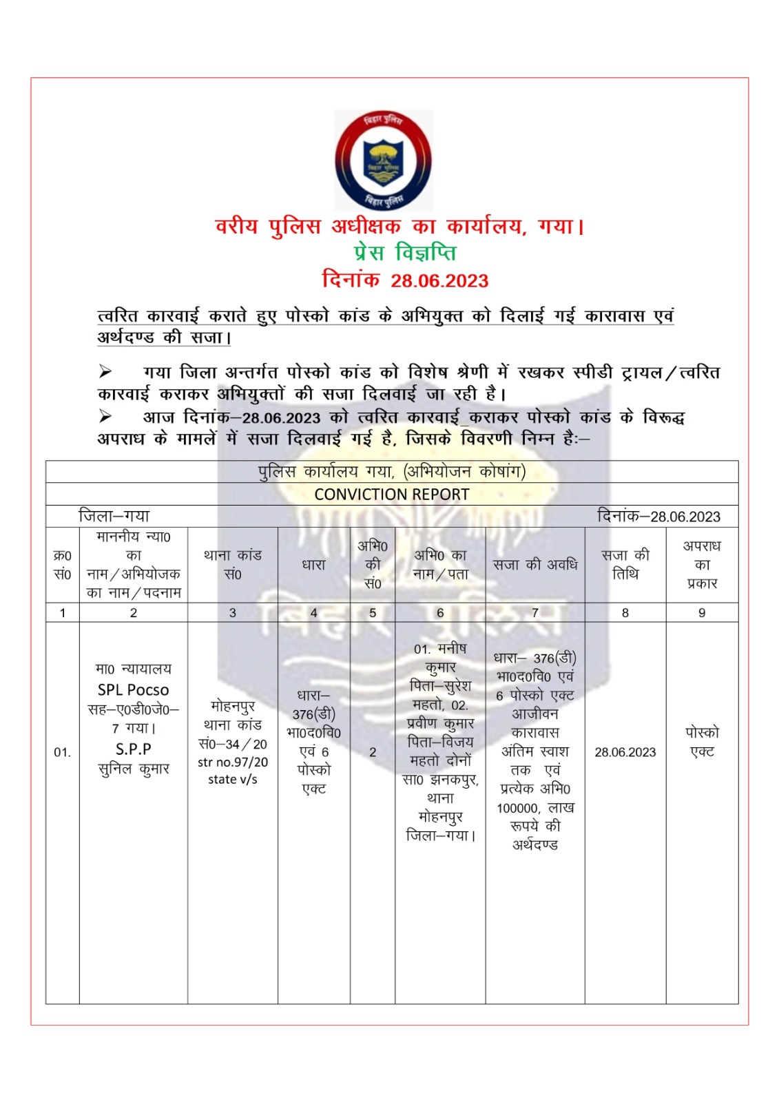 गया में सामूहिक दुष्कर्म के दो अभियुक्तों को सजा