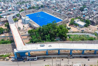 An aerial view of a newly built bridge featuring a 90-degree turn in Aishbagh area, in Bhopal on June 12, 2025.