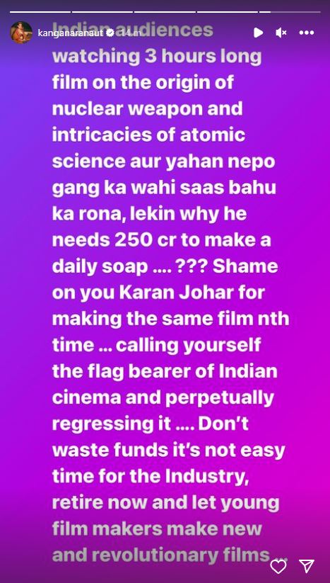 On Saturday, Kangana Ranaut took to social media to lash out at Karan Johar over his latest directorial venture Rocky Aur Rani Kii Prem Kahaani. Kangana dubbed Ranveer Singh and Alia Bhatt starrer 