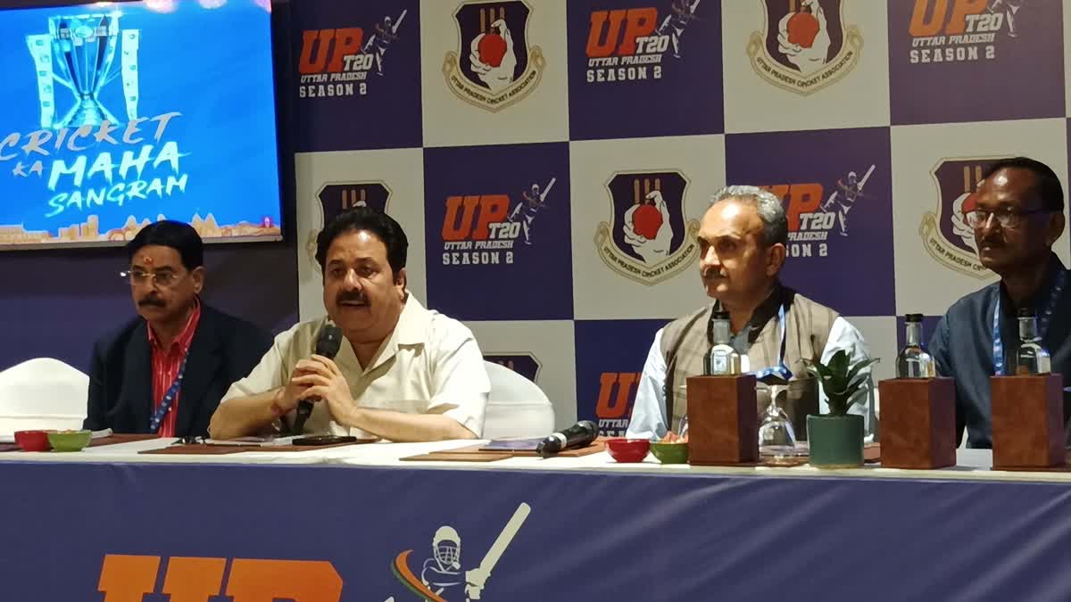 BCCI Vice President Rajeev Shukla talking to reporters during auction for UP Premier League