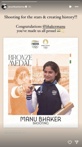 Anushka Sharma congratulates Manu Bhaker for Bronze win at Paris Olympics 2024