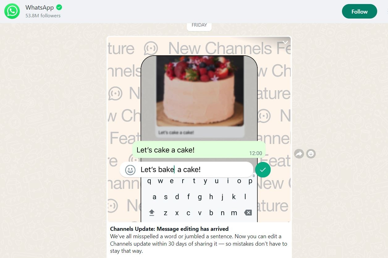 WhatsApp channel message editing feature