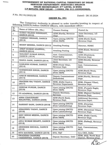 दिल्ली सरकार ने उपराज्यपाल के निर्देश पर किया महत्वपूर्ण प्रशासनिक फेरबदल