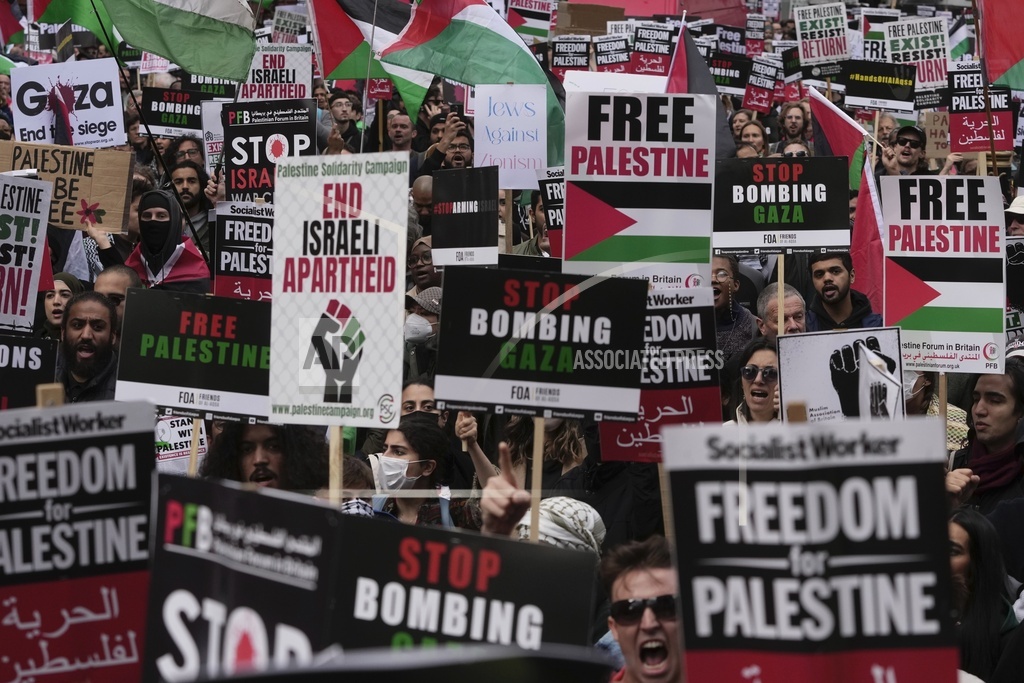 Protesters attend a pro Palestinian demonstration in London