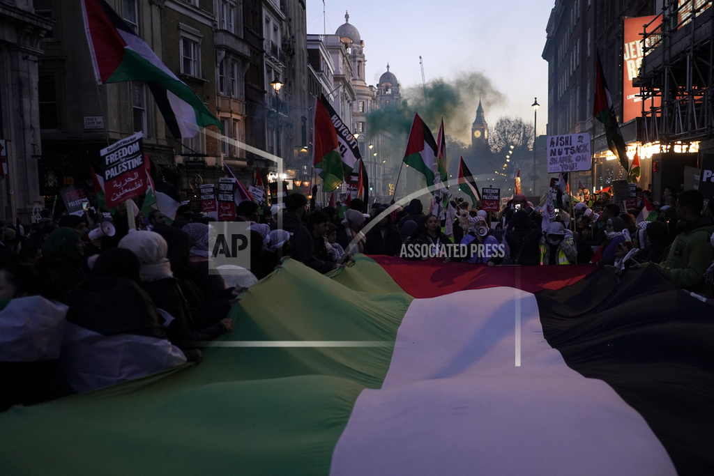 Protester hold flags and placards as they take part in a pro-Palestinian demonstration near Trafalgar Square in London