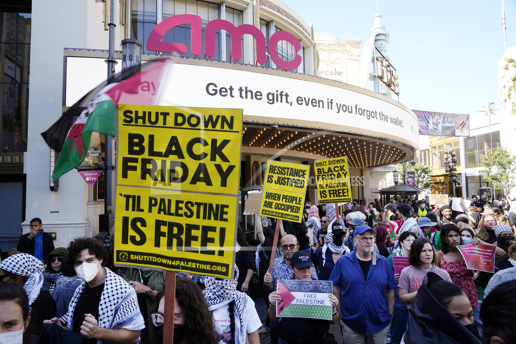 Pro-Palestinian demonstrators march on Black Friday, a popular U.S. shopping day after Thanksgiving, at a shopping center