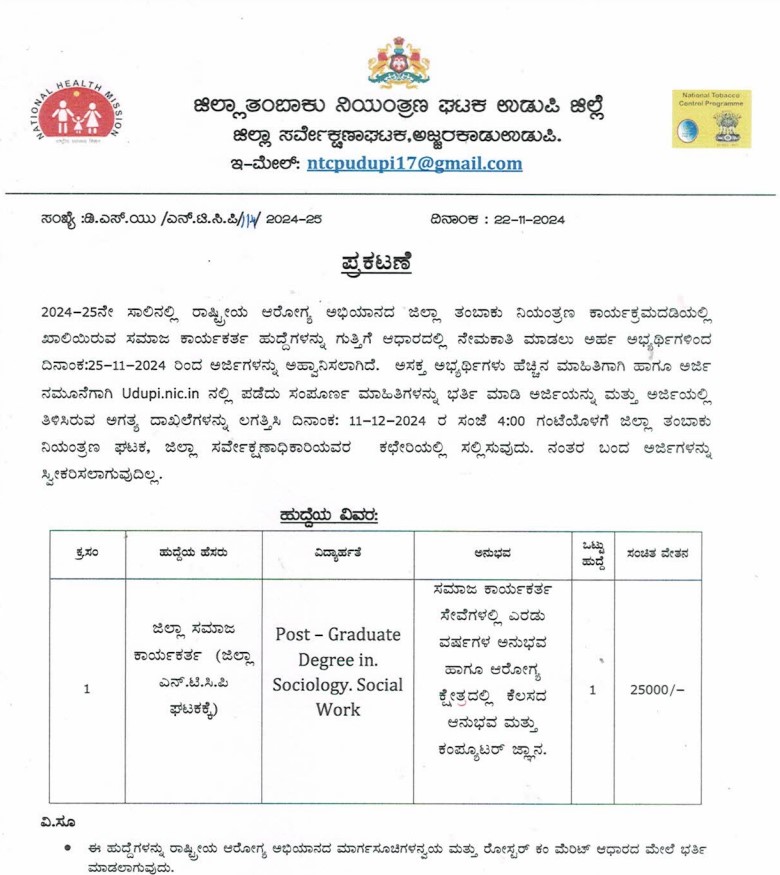 District Social Worker Job Notification By UDUPI District Tobacco Control Unit