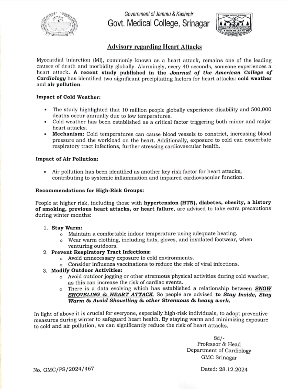 GMC Srinagar Warns About Increased Risk Of Heart Attacks in view of severe cold wave in Kashmir