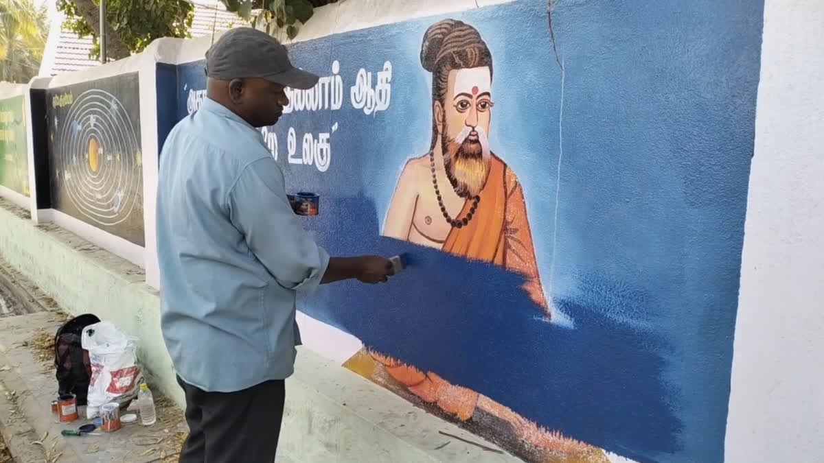 Officials destroy kaavi dressed Thiruvalluvar painting at Erode government school wall