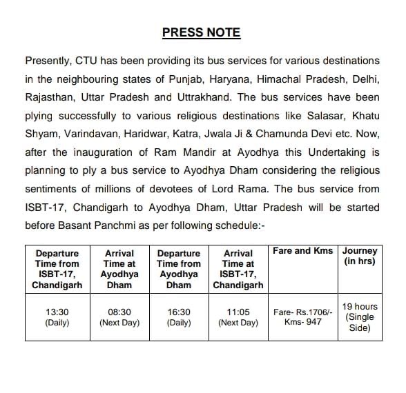 chandigarh to ayodhya bus service