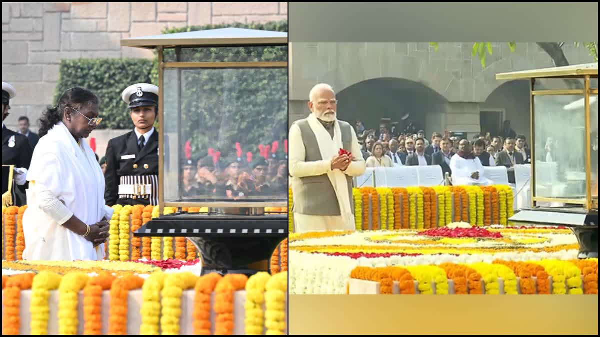 Prime Minister Modi and President Draupadi Murmu paying tribute to Gandhiji