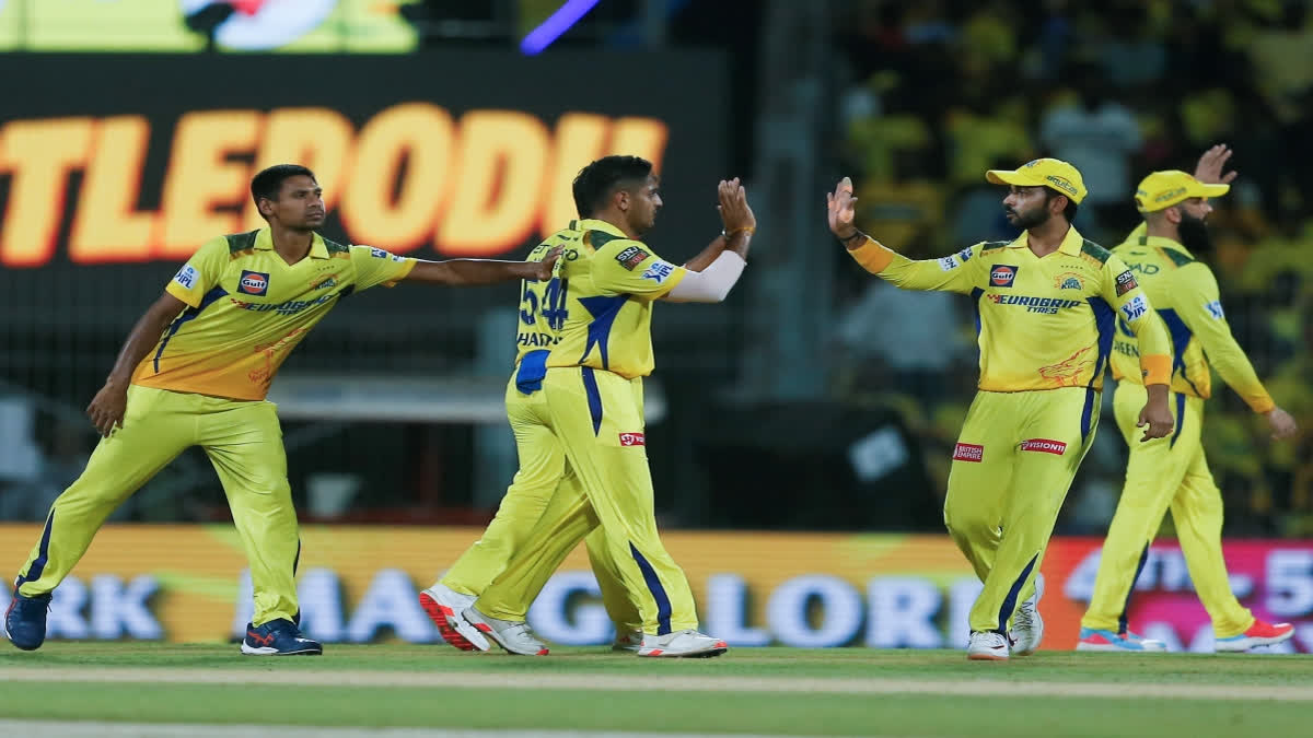 CSK pacer Tushar Deshpande celebrates a wicket in the game against Sunrisers Hyderabad