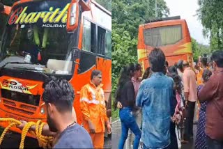 Tourist bus accident in Idukki  കൊക്കയിലേക്ക് നിരങ്ങിയിറങ്ങി ബസ്  യാത്രികര്‍ രക്ഷപ്പെട്ടത് തലനാരിഴയ്‌ക്ക്  കൊച്ചി ധനുഷ്‌കോടി ദേശീയപാത  ബസ് അപകടത്തില്‍പ്പെട്ടു  ഇടുക്കി വാര്‍ത്തകള്‍  ഇടുക്കി ജില്ല വാര്‍ത്തകള്‍  ഇടുക്കി പുതിയ വാര്‍ത്തകള്‍  idukki news updates  latest news in idukki  latest news in kerala