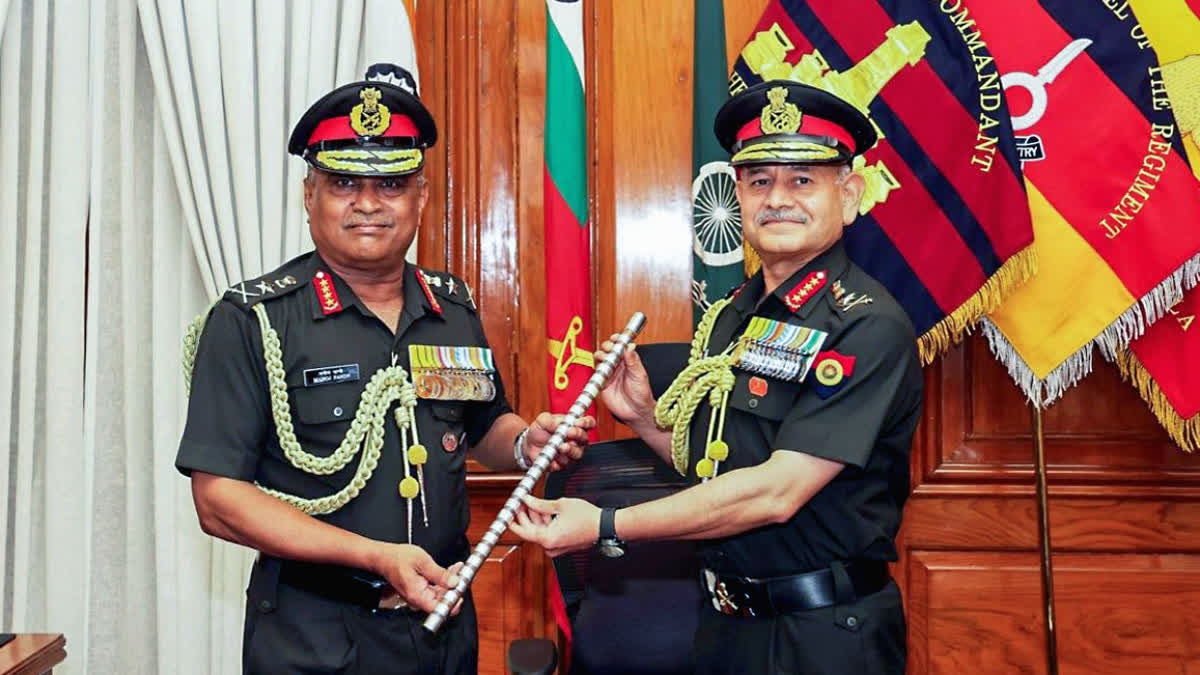 Outgoing Army Chief General Manoj Pande hands over the command of the Indian Army to General Upendra Dwivedi, in New Delhi on Saturday.