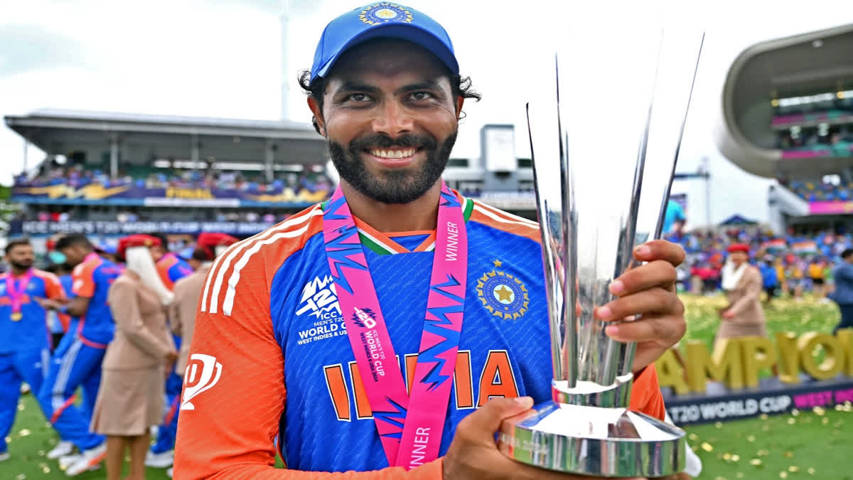 Ravindra Jadeja poses for a picture with the trophy after Team India wins the ICC Mens T20 World Cup 2024 final match against South Africa, at Kensington Oval in Barbados on Saturday.