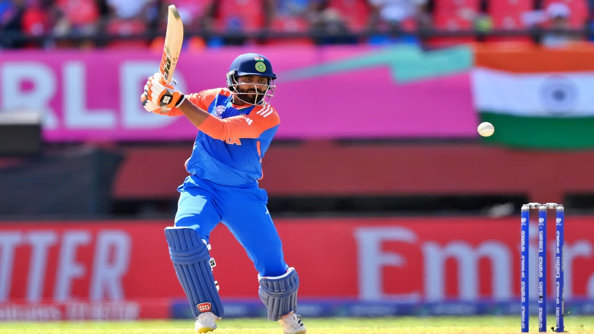 Ravindra Jadeja plays a shot during the semi-final match against England in the ICC Mens T20 World Cup 2024, at Providence Stadium in Guyana on Thursday.