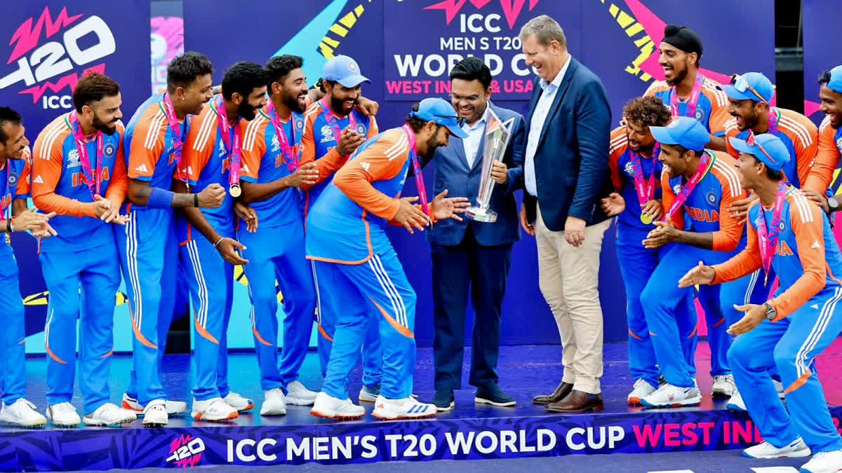 India's captain Rohit Sharma recreates Lionel Messi's iconic celebration as he arrives to receive the ICC Mens T20 World Cup 2024 trophy from BCCI Secretary Jay Shah, at Kensington Oval in Barbados on Saturday.