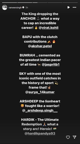 Ranveer Singh's Instagram Story