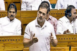 LoP in Lok Sabha, Rahul Gandhi speaks inside the House during the 5th day of the 18th Lok Sabha session in New Delhi on Friday.
