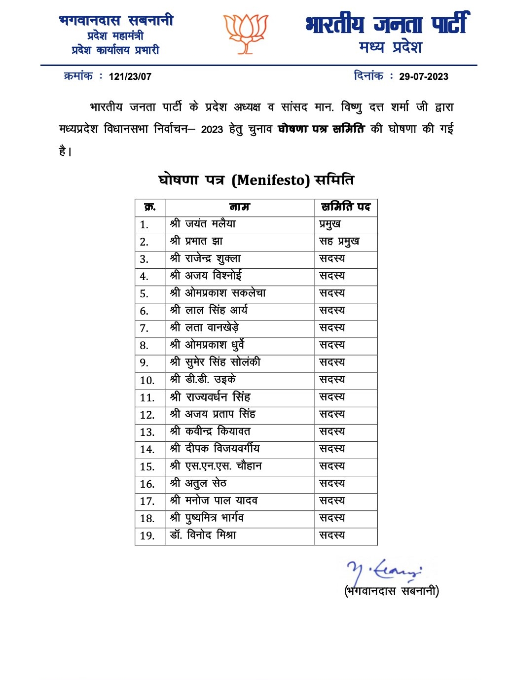 MP BJP election committees