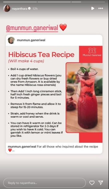 Nayanthara shares the health benefits of Hibiscus tea.