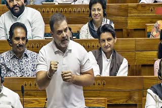 Leader of Opposition in Lok Sabha Rahul Gandhi speaks during the Monsoon Session of Parliament, in New Delhi on Monday, July 29, 2024