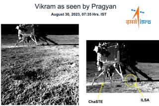 Vikram Lander Image Taken by Pragyan Rover  Image Taken by Pragyan Rover ISRO shares  ISRO shares images of Vikram Lander  images of Vikram Lander Taken by Pragyan Rover  പ്രഗ്യാന്‍ റോവര്‍  ലാന്‍ഡറിന്‍റെ ചിത്രം പകര്‍ത്തി പ്രഗ്യാന്‍ റോവര്‍  ISRO  Pragyan Rover  ISRO shares the picture of Vikram Lander  Pragyan Rover  Vikram Lander  ISRO  ഇന്ത്യന്‍ ബഹിരാകാശ ഗവേഷണ ഏജന്‍സി  നാവിഗേഷന്‍ ക്യാമറ  ചന്ദ്രയാന്‍ 3