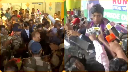 Indian chess grandmaster  2023 FIDE World Cup runner up R Praggnanandhaa  Praggnanandhaa received a grand welcome  ಸ್ವದೇಶಕ್ಕೆ ಮರಳಿದ ಭಾರತೀಯ ಚೆಸ್ ಗ್ರ್ಯಾಂಡ್‌ಮಾಸ್ಟರ್  ಗ್ರ್ಯಾಂಡ್‌ಮಾಸ್ಟರ್ ಪ್ರಜ್ಞಾನಂದ​ಗೆ ಅದ್ಧೂರಿ ಸ್ವಾಗತ  ತಮಿಳುನಾಡಿನ ಚೆನ್ನೈ ವಿಮಾನ ನಿಲ್ದಾಣ  ಪ್ರಜ್ಞಾನಂದ ಅವರಿಗೆ ಅದ್ದೂರಿ ಸ್ವಾಗತ  ಜರ್ಮನಿಯಿಂದ ಸ್ವದೇಶಕ್ಕೆ ಮರಳಿದ ಚೆಸ್ ಗ್ರ್ಯಾಂಡ್ ಮಾಸ್ಟರ್  ಪ್ರಜ್ಞಾನಂದರಿಗೆ ವಿಮಾನ ನಿಲ್ದಾಣದಲ್ಲಿ ಅದ್ಧೂರಿ ಸ್ವಾಗತ  ಪ್ರಜ್ಞಾನಂದ ಅವರಿಗೆ ಹೂಗುಚ್ಛ ನೀಡಿ ಬರಮಾಡಿಕೊಳ್ಳಲಾಯಿತು