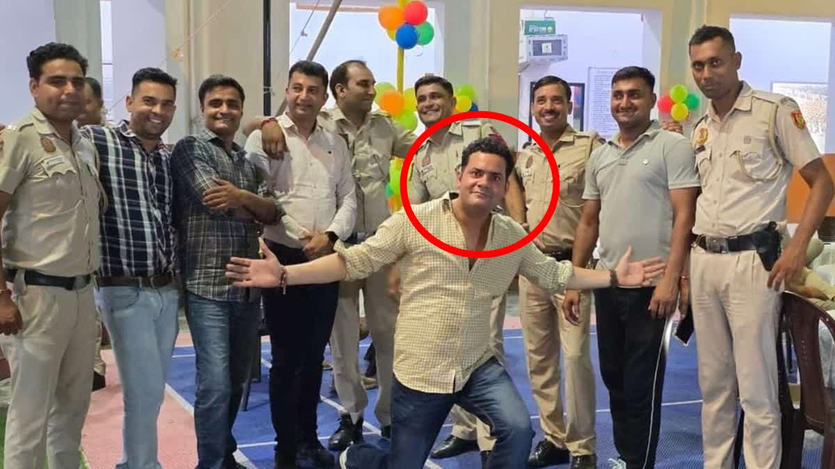 Delhi Police constable Ravi Kumar (encircled) dies while dancing at farewell