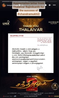 Kangana Ranaut shares 'Thalaivar' Rajinikanth's appreciation letter for the success of Chandramukhi 2