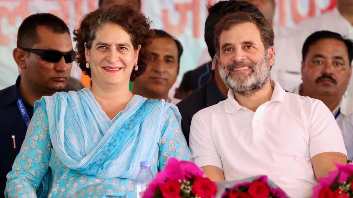 Congress General Secretary Priyanka Gandhi Vadra with LoP Rahul Gandhi during an election campaign rally ahead of the Haryana Assembly election at Hudda Ground, Narayangarh, in Ambala on Monday, September 30, 2024.