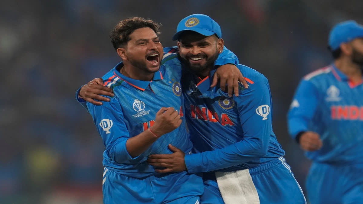 Kuldeep Yadav celebrates a wicket against England in Lucknow on Sunday