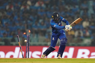 England player being dismissed in game against India in Lucknow