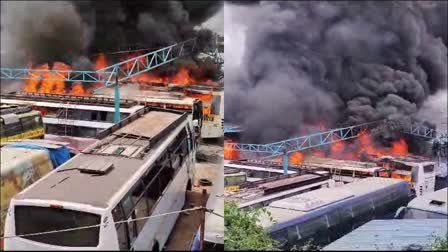 Fire breaks out in garage  many buses destroyed in Bengaluru  Fire incident in Bengaluru  ಗ್ಯಾರೇಜ್‌ನಲ್ಲಿ ಅಗ್ನಿ ಅವಘಡ  ಐದಕ್ಕೂ ಅಧಿಕ ಬಸ್‌ಗಳು ಆಹುತಿ  ಬೆಂಗಳೂರಿನಲ್ಲಿ ಮತ್ತೊಂದು ಬೆಂಕಿ ಅವಘಡ  ಗ್ಯಾರೇಜ್‌ನಲ್ಲಿ ಸಂಭವಿಸಿದ ಆಕಸ್ಮಿಕ ಅಗ್ನಿ ಅವಘಡ  ಬೆಂಗಳೂರಿನ ವೀರಭದ್ರದ ನಗರ  ಐದಕ್ಕೂ ಅಧಿಕ ಬಸ್‌ಗಳು ಅಗ್ನಿಗಾಹುತಿ