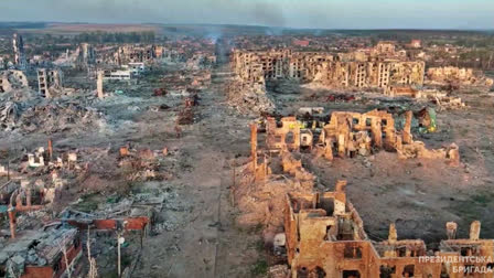 This recent undated handout photographshows the ruins of the Ukrainian town of Vovchansk, in the Kharkiv region, located approximately five kilometers from the state border with the Russia.