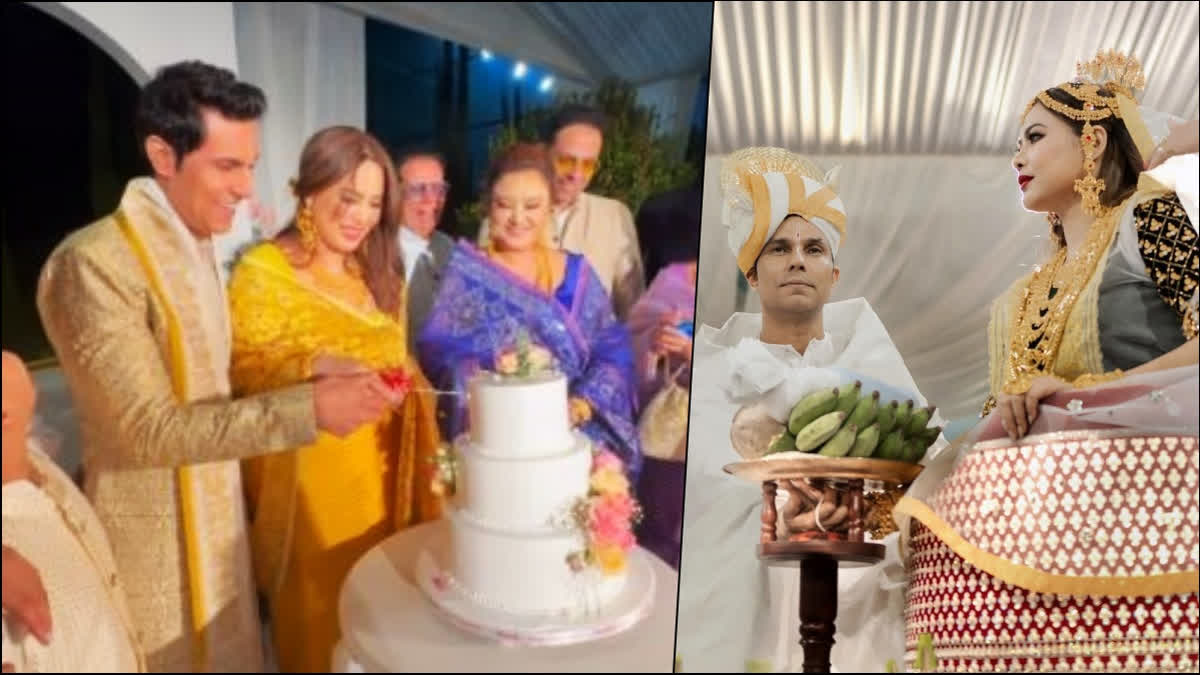 Randeep Hooda-Lin Laishram radiate in gold and yellow as they cut cake post traditional Meitei wedding