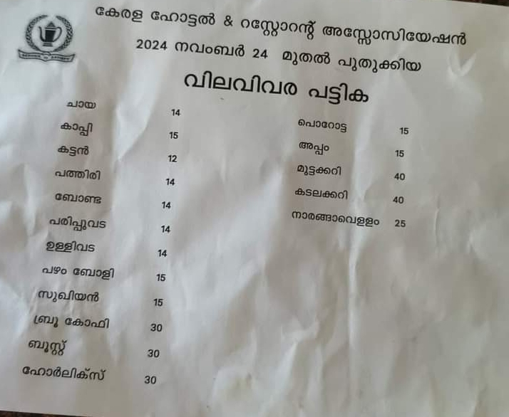 PRICE HIKE OF TEA SNACKS IN HOTELS  TEA PRICE HIKE IN KERALA HOTELS  ഹോട്ടലില്‍ പുതുക്കിയ വില  ചായ പലഹാരങ്ങള്‍ക്ക് വില കൂടി