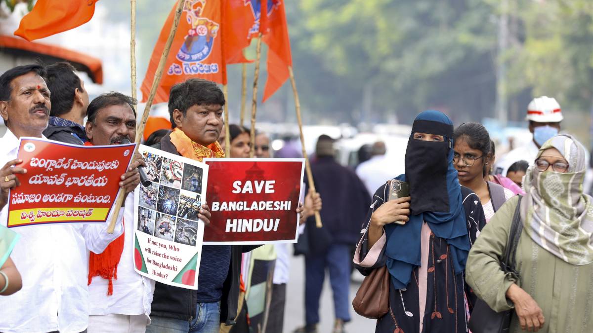 Members of VHP and Bajrang Dal take part in a protest against the atrocities on religious minorities in Bangladesh and the arrest of Hindu monk Chinmoy Krishna Das, in Hyderabad on Saturday