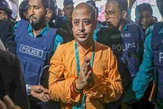 Chinmoy Krishna Das, a senior monk of the International Society for Krishna Consciousness (ISKCON), is produced in Chattogram Court by Bangladesh police following his arrest in a sedition case on Tuesday, November 26, 2024.