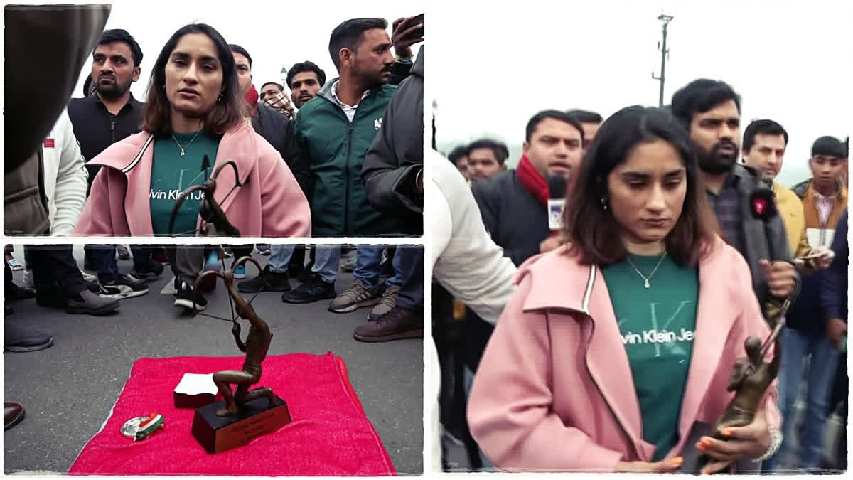 Grappler Vinesh Phogat on her way to return Khel Ratna and Arjuna Awards in New Delhi (Screengrab of PTI VIDEO)
