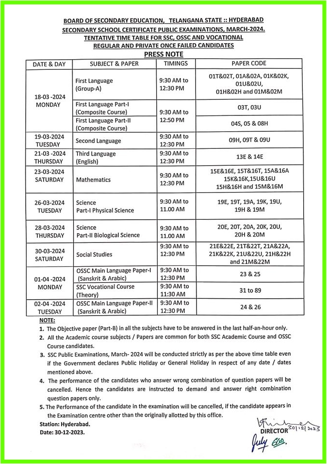 Telangana SSC Exam Time Table 2024