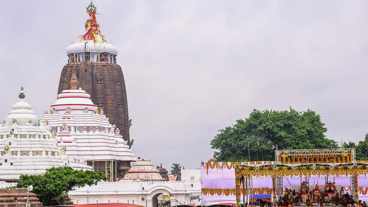 A view of the Puri Jagannath temple on the occasion of Deva Snana Purnima, in Puri.