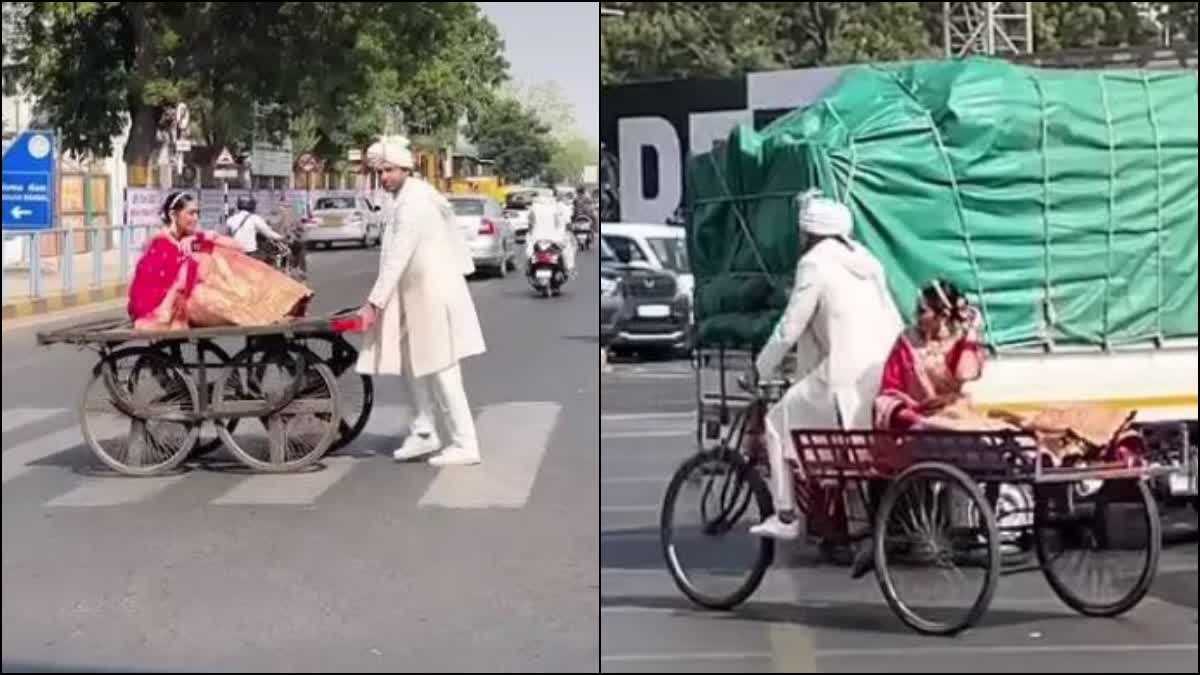 The groom went out with the bride on a cart