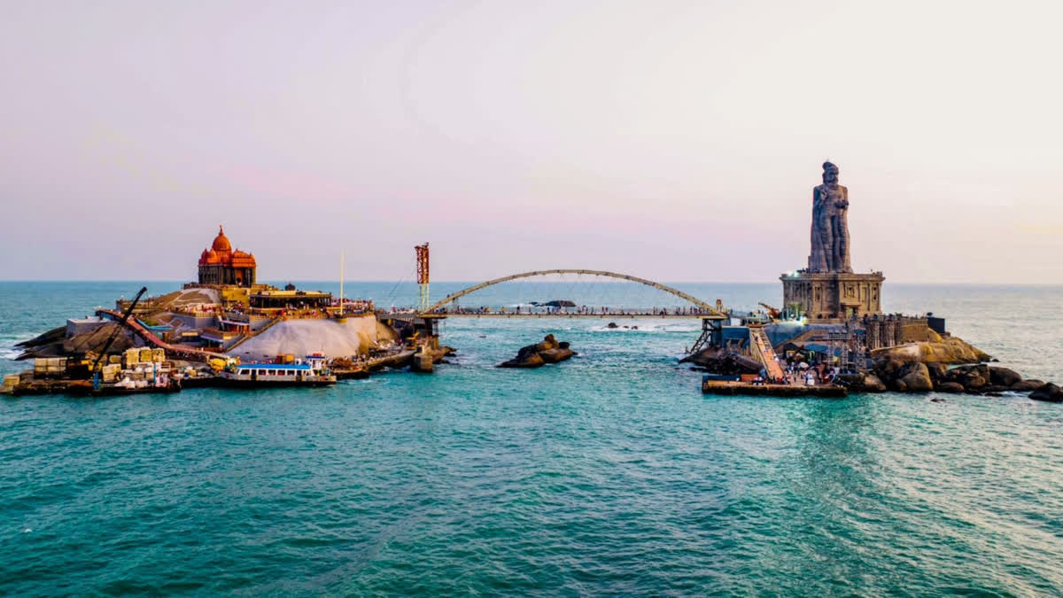 Tourists visiting Kanyakumari can now walk across the Vivekananda Memorial and the 133-feet-tall Thiruvalluvar statue standing on two rocks in the sea with Monday’s inauguration of a 77 m-long bowstring arch bridge connecting the two monuments.