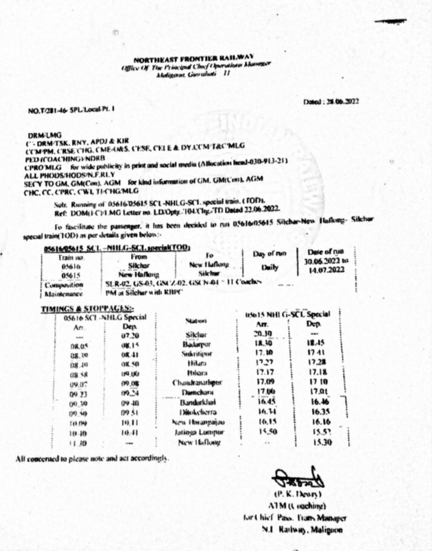 Passenger trains between Silchar and New Haflong will resume from June 30