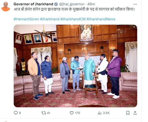 Jharkhand Governor CP Radhakrishnan tweets that Hemant Soren's resignation from CM's post has been accepted.