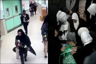 surveillance video provided by the Palestinian Health Ministry, Israeli forces disguised as civilian women and medical workers hold weapons in a hallway at the Ibn Sina Hospital in the West Bank town of Jenin while the picture adjacent to it Palestinian women gather around the body of Muhammad Jalamneh, draped in the Hamas militant group flag, in the morgue of Ibn Sina Hospital after he was killed in an Israeli military raid in the West Bank town of Jenin