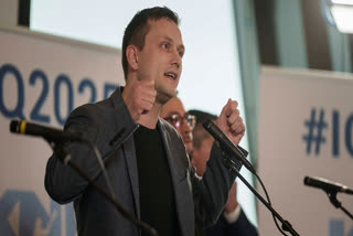 Jens-Frederik Nielsen, leader of the Demokraatit party participates a TV debates before the upcoming elections in Nuuk, Greenland, March 8, 2025.